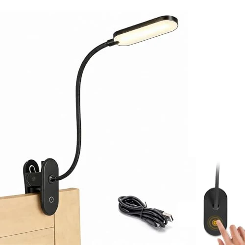 Aigostar Leselampe Klemme Akku, Klemmlampe Bett Kabellos 4000K, 360° Flexibel Klemmleuchte, Bettlampe mit 3 Helligkeitsmodi, USB-Kabel, Schwarz