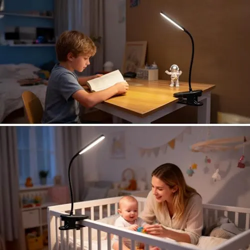 Aigostar Leselampe Klemme Akku, Klemmlampe Bett Kabellos 4000K, 360° Flexibel Klemmleuchte, Bettlampe mit 3 Helligkeitsmodi, USB-Kabel, Schwarz