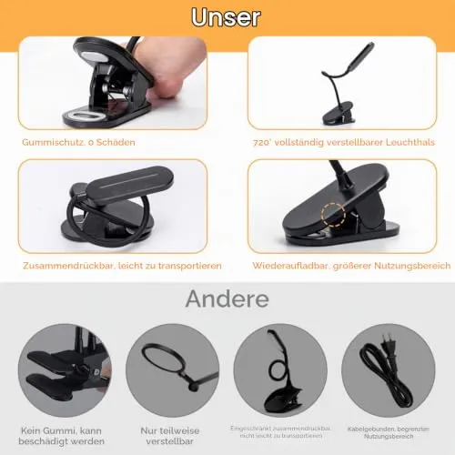 Aigostar Leselampe Klemme Akku, Klemmlampe Bett Kabellos 4000K, 360° Flexibel Klemmleuchte, Bettlampe mit 3 Helligkeitsmodi, USB-Kabel, Schwarz