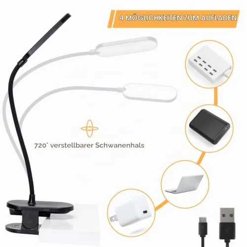 Aigostar Leselampe Klemme Akku, Klemmlampe Bett Kabellos 4000K, 360° Flexibel Klemmleuchte, Bettlampe mit 3 Helligkeitsmodi, USB-Kabel, Schwarz