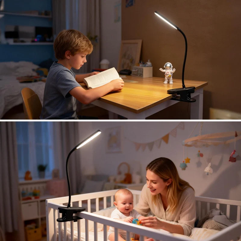 Aigostar Leselampe Klemme Akku, Klemmlampe Bett Kabellos 4000K, 360° Flexibel Klemmleuchte, Bettlampe mit 3 Helligkeitsmodi, USB-Kabel, Schwarz