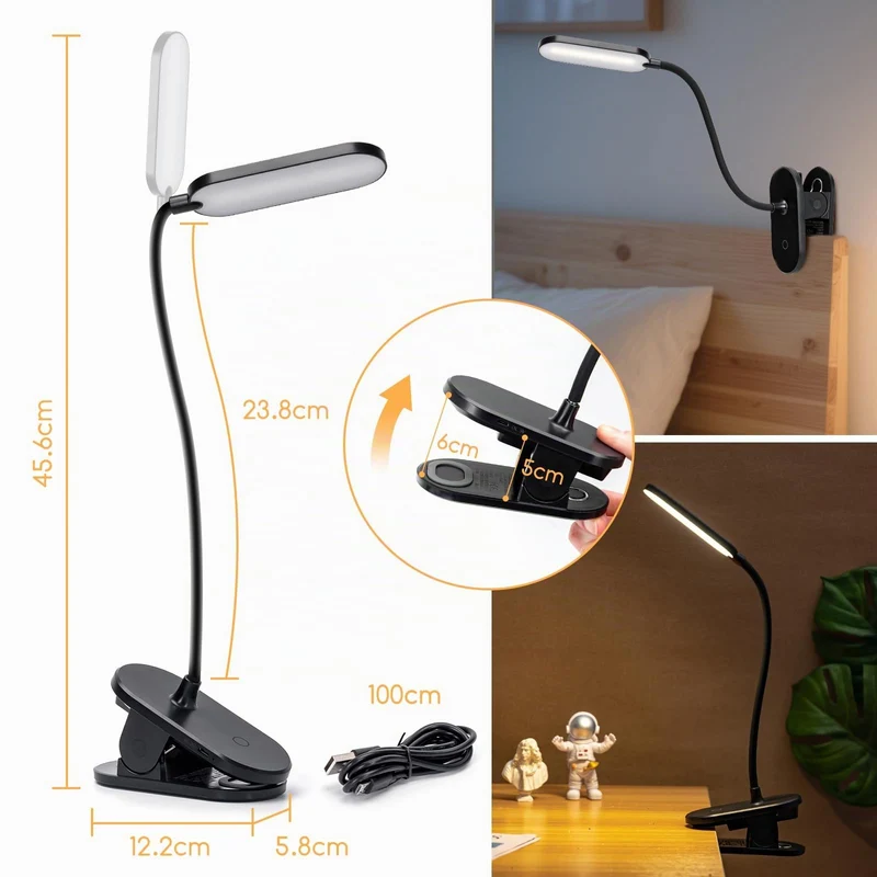 Aigostar Leselampe Klemme Akku, Klemmlampe Bett Kabellos 4000K, 360° Flexibel Klemmleuchte, Bettlampe mit 3 Helligkeitsmodi, USB-Kabel, Schwarz