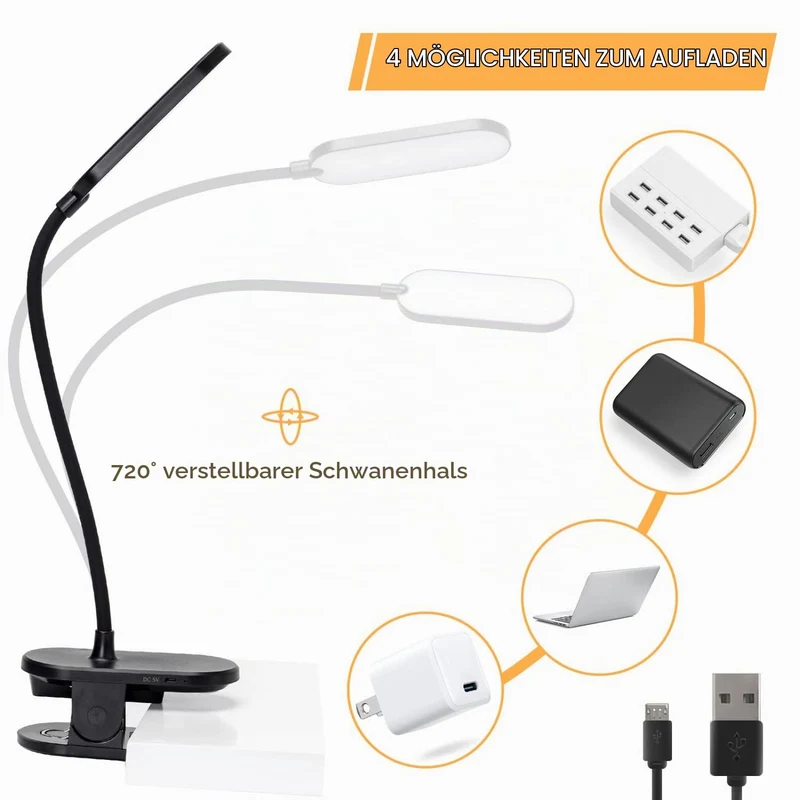 Aigostar Leselampe Klemme Akku, Klemmlampe Bett Kabellos 4000K, 360° Flexibel Klemmleuchte, Bettlampe mit 3 Helligkeitsmodi, USB-Kabel, Schwarz