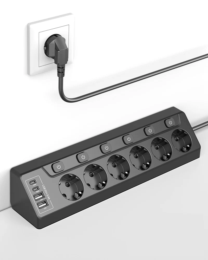 Ecksteckdosen-Steckdosenleiste, einzeln schaltbar, 6 Fach mit 4 USB (2X USB-C + 2X USB-A), Überspannungsschutz, Berührungsschutz, 2m Kabel, 3680W für Küche, Büro und Haushalt