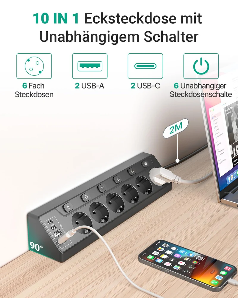 Ecksteckdosen-Steckdosenleiste, einzeln schaltbar, 6 Fach mit 4 USB (2X USB-C + 2X USB-A), Überspannungsschutz, Berührungsschutz, 2m Kabel, 3680W für Küche, Büro und Haushalt
