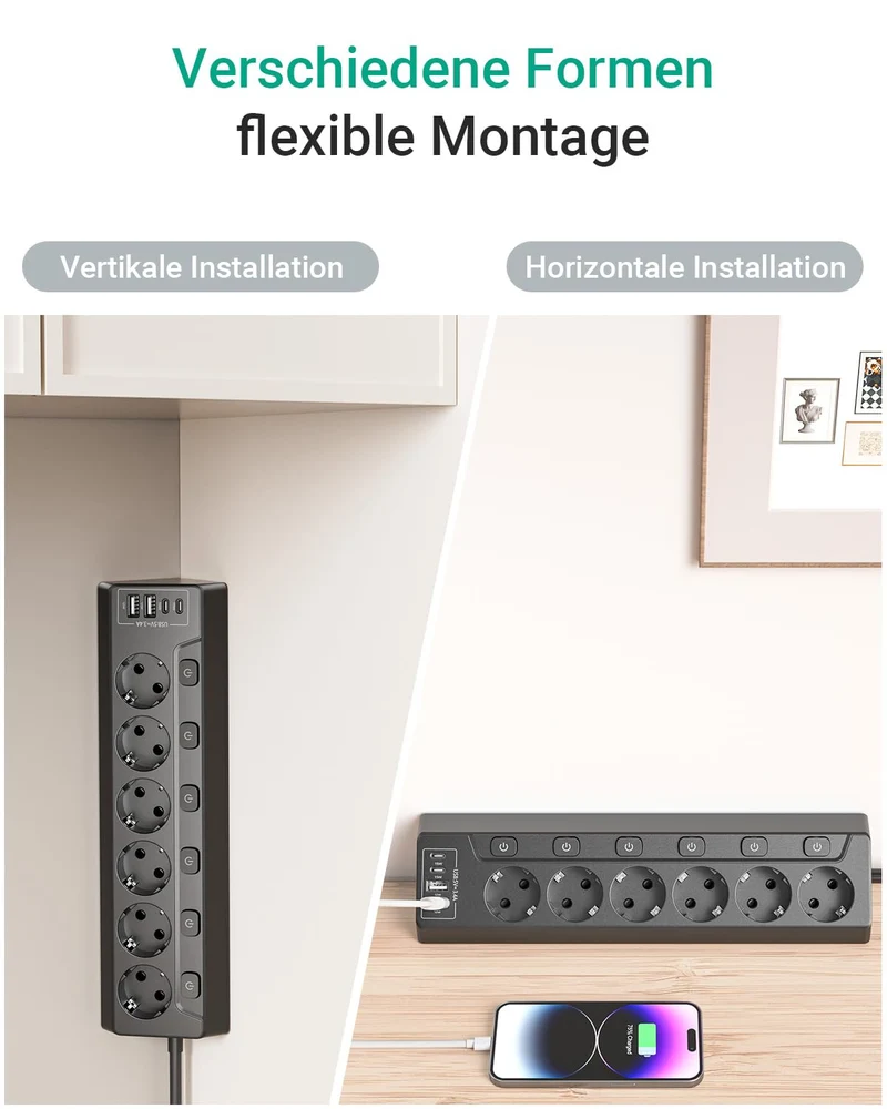 Ecksteckdosen-Steckdosenleiste, einzeln schaltbar, 6 Fach mit 4 USB (2X USB-C + 2X USB-A), Überspannungsschutz, Berührungsschutz, 2m Kabel, 3680W für Küche, Büro und Haushalt