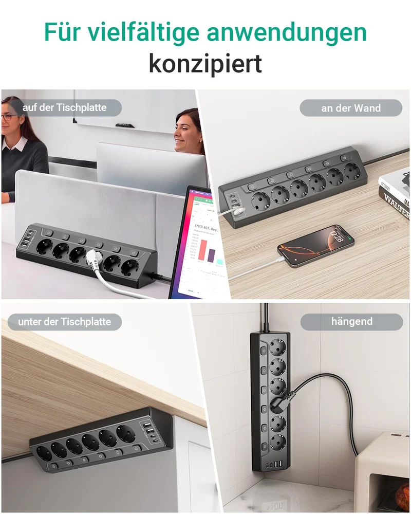 Ecksteckdosen-Steckdosenleiste, einzeln schaltbar, 6 Fach mit 4 USB (2X USB-C + 2X USB-A), Überspannungsschutz, Berührungsschutz, 2m Kabel, 3680W für Küche, Büro und Haushalt