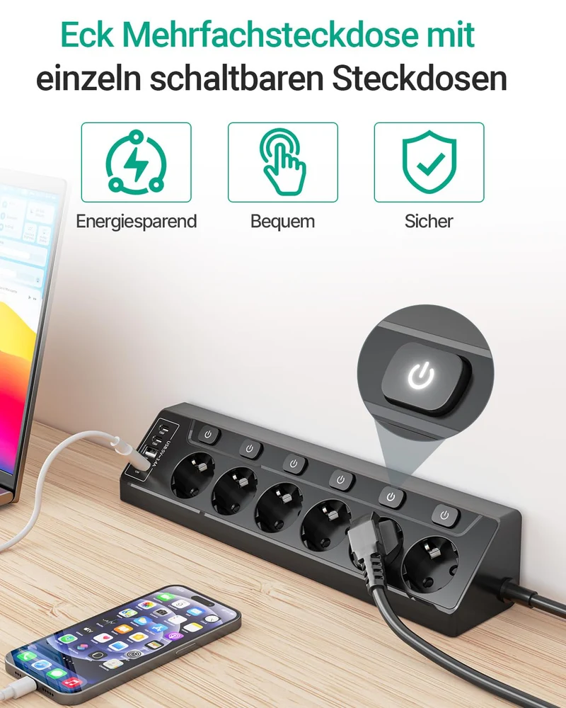Ecksteckdosen-Steckdosenleiste, einzeln schaltbar, 6 Fach mit 4 USB (2X USB-C + 2X USB-A), Überspannungsschutz, Berührungsschutz, 2m Kabel, 3680W für Küche, Büro und Haushalt