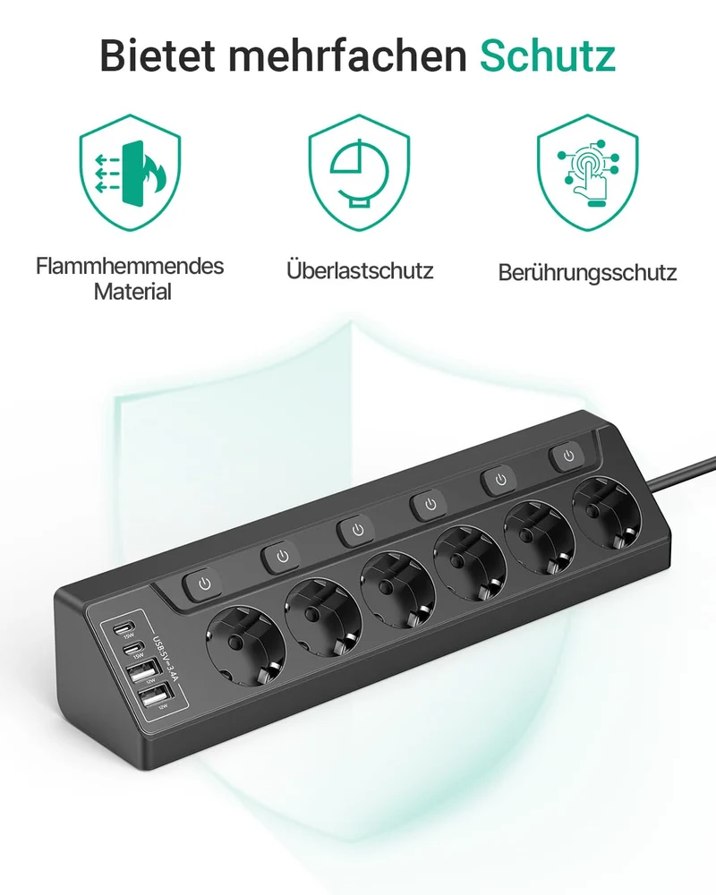Ecksteckdosen-Steckdosenleiste, einzeln schaltbar, 6 Fach mit 4 USB (2X USB-C + 2X USB-A), Überspannungsschutz, Berührungsschutz, 2m Kabel, 3680W für Küche, Büro und Haushalt
