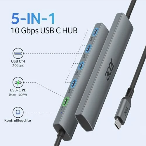 Acer USB C Hub 10Gbps mit Typ-C 100W Stromversorgung Ultra Slim 4*USB-C 3.2