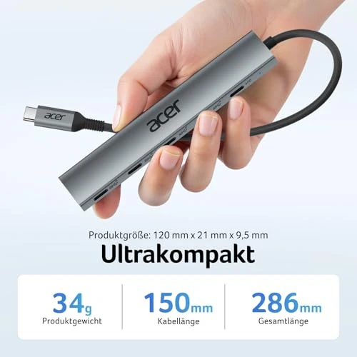 Acer USB C Hub 10Gbps mit Typ-C 100W Stromversorgung Ultra Slim 4*USB-C 3.2