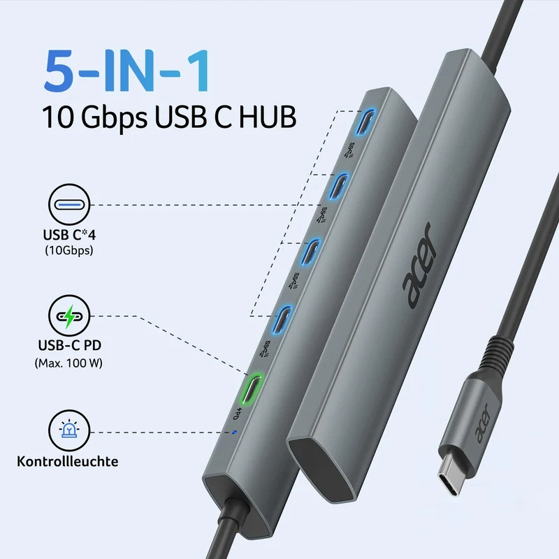 Acer USB C Hub 10Gbps mit Typ-C 100W Stromversorgung Ultra Slim 4*USB-C 3.2