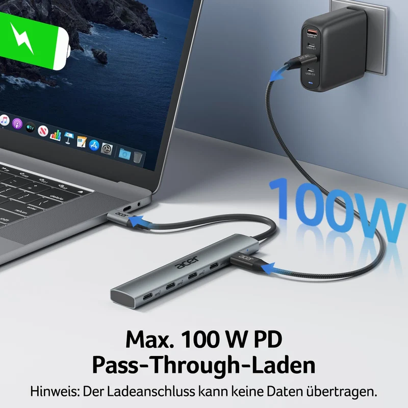 Acer USB C Hub 10Gbps mit Typ-C 100W Stromversorgung Ultra Slim 4*USB-C 3.2