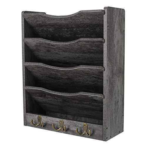 PAG Schreibtisch Wandorganizer Holz,zeitschriftenhalter,Hängend Document Organizer Mit 3-Haken，Für Büros, Wohnungen und School Supplies(5 Fächer, Dunkelgrau)