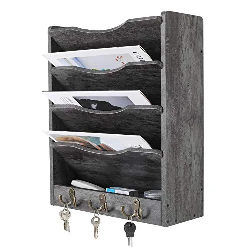 PAG Schreibtisch Wandorganizer Holz,zeitschriftenhalter,Hängend Document Organizer Mit 3-Haken，Für Büros, Wohnungen und School Supplies(5 Fächer, Dunkelgrau)