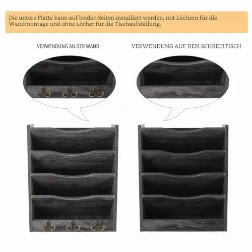 PAG Schreibtisch Wandorganizer Holz,zeitschriftenhalter,Hängend Document Organizer Mit 3-Haken，Für Büros, Wohnungen und School Supplies(5 Fächer, Dunkelgrau)