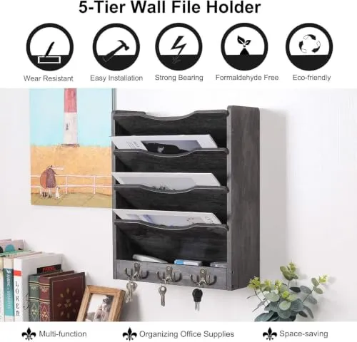 PAG Schreibtisch Wandorganizer Holz,zeitschriftenhalter,Hängend Document Organizer Mit 3-Haken，Für Büros, Wohnungen und School Supplies(5 Fächer, Dunkelgrau)