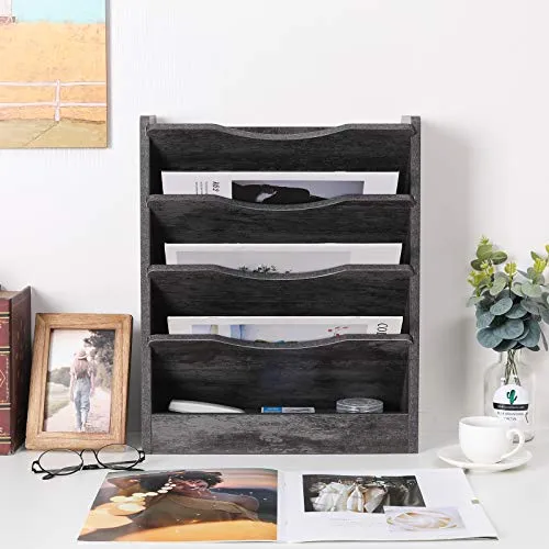 PAG Schreibtisch Wandorganizer Holz,zeitschriftenhalter,Hängend Document Organizer Mit 3-Haken，Für Büros, Wohnungen und School Supplies(5 Fächer, Dunkelgrau)