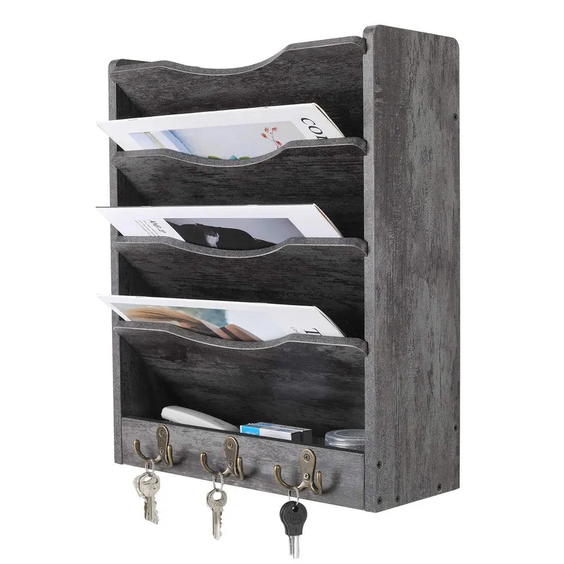 PAG Schreibtisch Wandorganizer Holz,zeitschriftenhalter,Hängend Document Organizer Mit 3-Haken，Für Büros, Wohnungen und School Supplies(5 Fächer, Dunkelgrau)