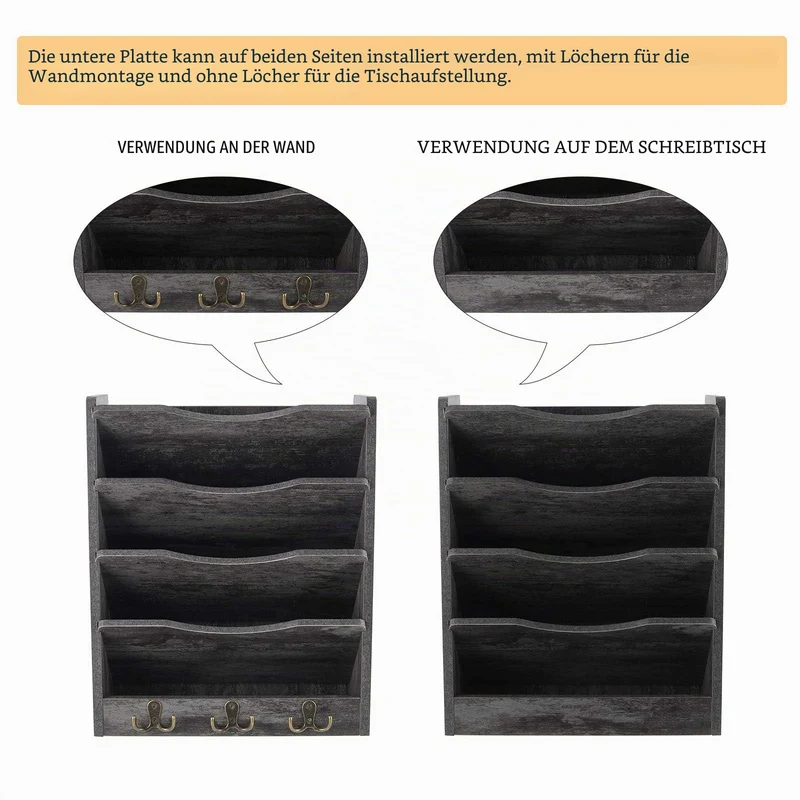 PAG Schreibtisch Wandorganizer Holz,zeitschriftenhalter,Hängend Document Organizer Mit 3-Haken，Für Büros, Wohnungen und School Supplies(5 Fächer, Dunkelgrau)