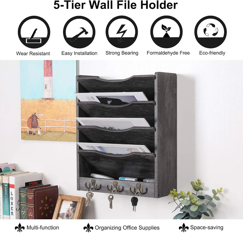 PAG Schreibtisch Wandorganizer Holz,zeitschriftenhalter,Hängend Document Organizer Mit 3-Haken，Für Büros, Wohnungen und School Supplies(5 Fächer, Dunkelgrau)