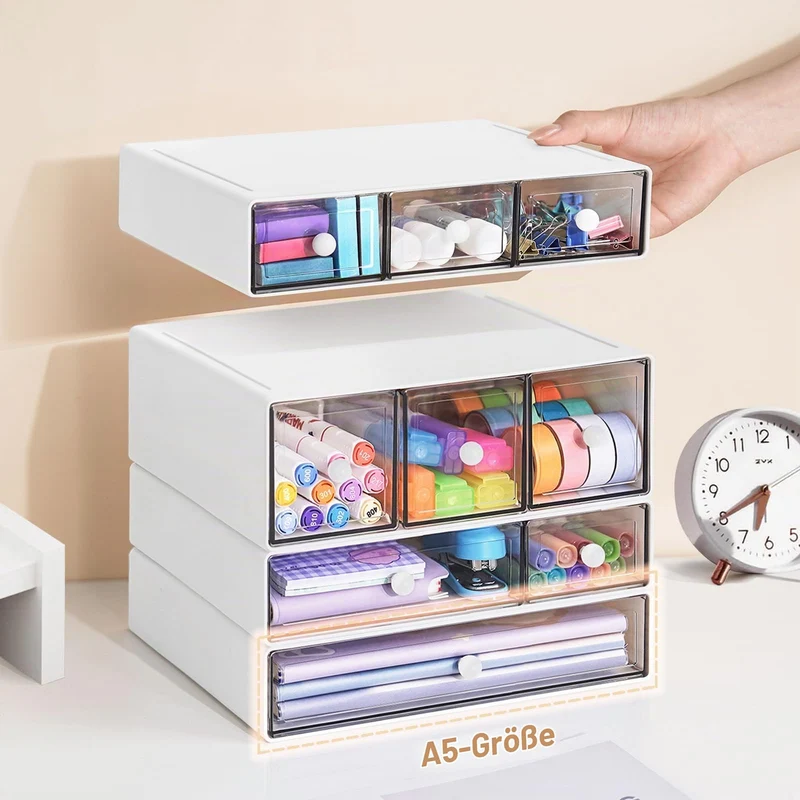 Desk Aufbewahrungsbox mit 9 Schubladen, ToyaJeco 4 Lagen Stapelbare Desktop Craft Storage-Schubladen, Klare Aufbewahrungsbox Caddy für Schreibwaren Make-up Schmuck Büro Craft Supplies (Weiß)
