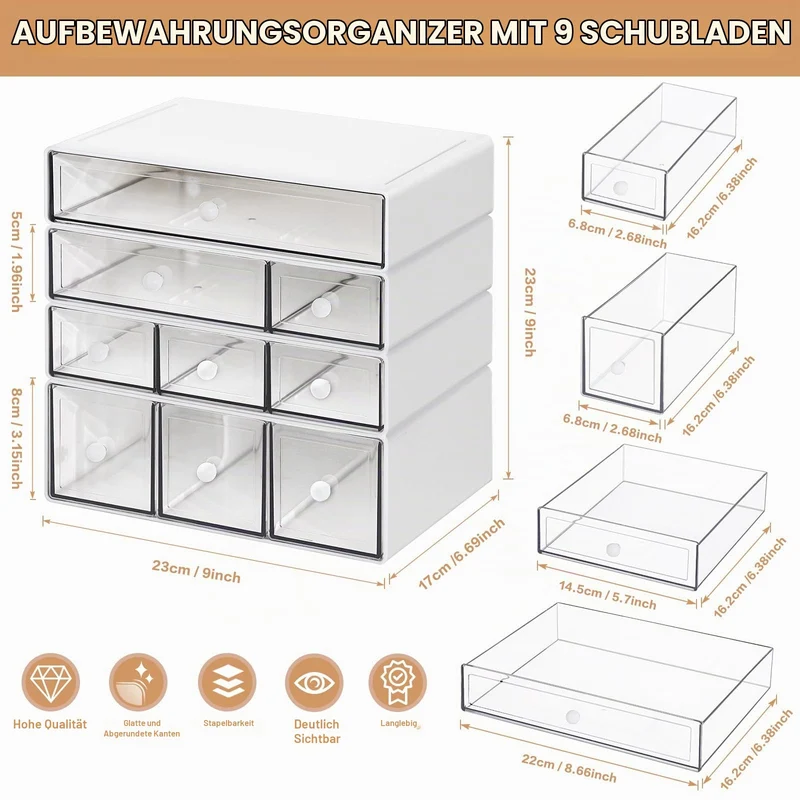 Desk Aufbewahrungsbox mit 9 Schubladen, ToyaJeco 4 Lagen Stapelbare Desktop Craft Storage-Schubladen, Klare Aufbewahrungsbox Caddy für Schreibwaren Make-up Schmuck Büro Craft Supplies (Weiß)