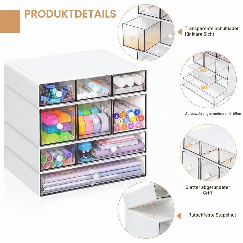 Desk Aufbewahrungsbox mit 9 Schubladen, ToyaJeco 4 Lagen Stapelbare Desktop Craft Storage-Schubladen, Klare Aufbewahrungsbox Caddy für Schreibwaren Make-up Schmuck Büro Craft Supplies (Weiß)
