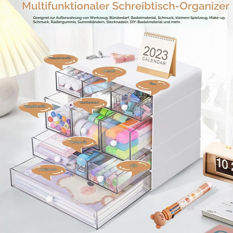 Desk Aufbewahrungsbox mit 9 Schubladen, ToyaJeco 4 Lagen Stapelbare Desktop Craft Storage-Schubladen, Klare Aufbewahrungsbox Caddy für Schreibwaren Make-up Schmuck Büro Craft Supplies (Weiß)