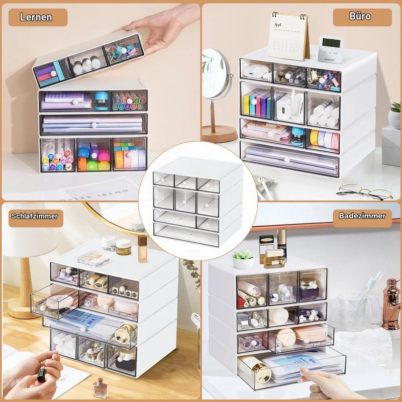 Desk Aufbewahrungsbox mit 9 Schubladen, ToyaJeco 4 Lagen Stapelbare Desktop Craft Storage-Schubladen, Klare Aufbewahrungsbox Caddy für Schreibwaren Make-up Schmuck Büro Craft Supplies (Weiß)