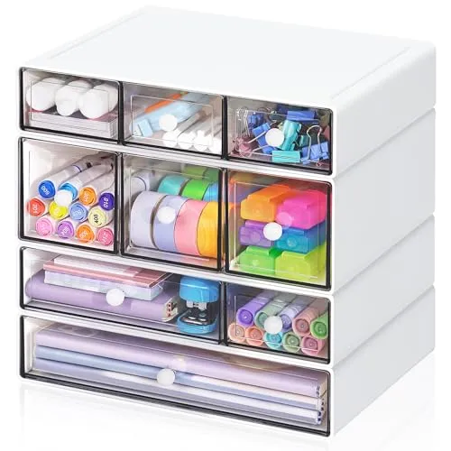 Desk Aufbewahrungsbox mit 9 Schubladen, ToyaJeco 4 Lagen Stapelbare Desktop Craft Storage-Schubladen, Klare Aufbewahrungsbox Caddy für Schreibwaren Make-up Schmuck Büro Craft Supplies (Weiß)