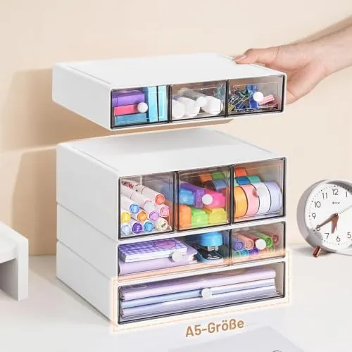 Desk Aufbewahrungsbox mit 9 Schubladen, ToyaJeco 4 Lagen Stapelbare Desktop Craft Storage-Schubladen, Klare Aufbewahrungsbox Caddy für Schreibwaren Make-up Schmuck Büro Craft Supplies (Weiß)