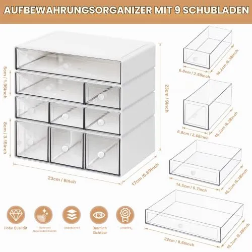 Desk Aufbewahrungsbox mit 9 Schubladen, ToyaJeco 4 Lagen Stapelbare Desktop Craft Storage-Schubladen, Klare Aufbewahrungsbox Caddy für Schreibwaren Make-up Schmuck Büro Craft Supplies (Weiß)