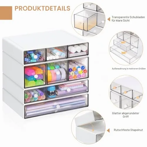 Desk Aufbewahrungsbox mit 9 Schubladen, ToyaJeco 4 Lagen Stapelbare Desktop Craft Storage-Schubladen, Klare Aufbewahrungsbox Caddy für Schreibwaren Make-up Schmuck Büro Craft Supplies (Weiß)