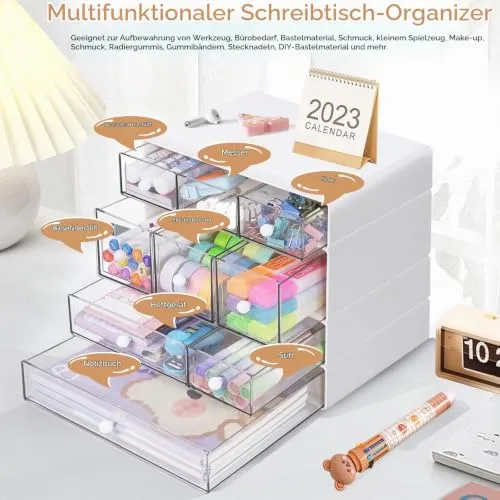 Desk Aufbewahrungsbox mit 9 Schubladen, ToyaJeco 4 Lagen Stapelbare Desktop Craft Storage-Schubladen, Klare Aufbewahrungsbox Caddy für Schreibwaren Make-up Schmuck Büro Craft Supplies (Weiß)