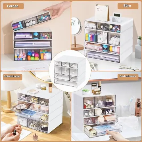 Desk Aufbewahrungsbox mit 9 Schubladen, ToyaJeco 4 Lagen Stapelbare Desktop Craft Storage-Schubladen, Klare Aufbewahrungsbox Caddy für Schreibwaren Make-up Schmuck Büro Craft Supplies (Weiß)