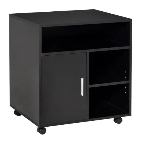 HOMCOM Druckerständer Druckertisch Bürowagen Rollwagen mit Schrank+Regale Spanlatte Schwarz 60 x 50 x 65,5 cm