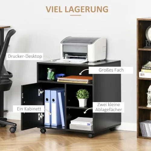 HOMCOM Druckerständer Druckertisch Bürowagen Rollwagen mit Schrank+Regale Spanlatte Schwarz 60 x 50 x 65,5 cm