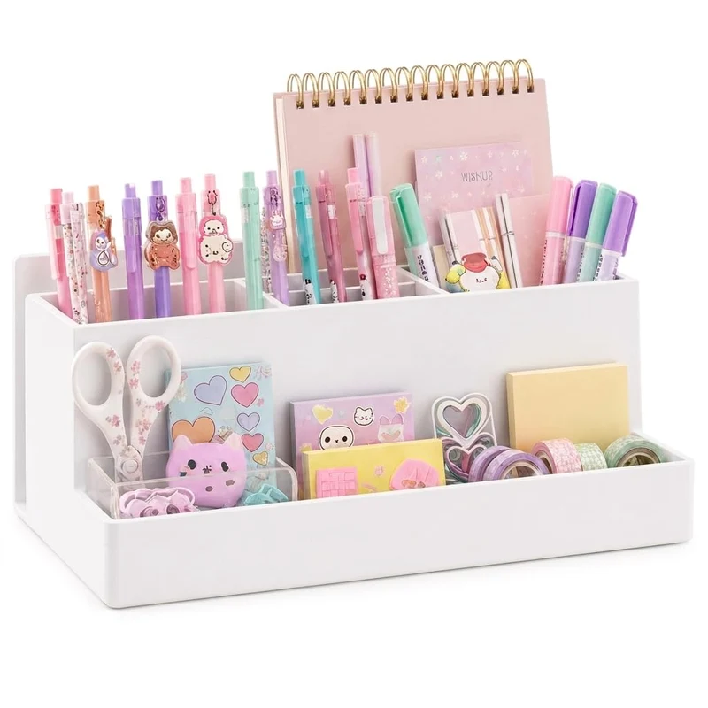 Acrimet Büro Organizer mit 6 Fächern, Schreibtisch Organizer für Stifte, Bürobedarf, Schreibwaren und Zubehör, Kunststoff, Weiß