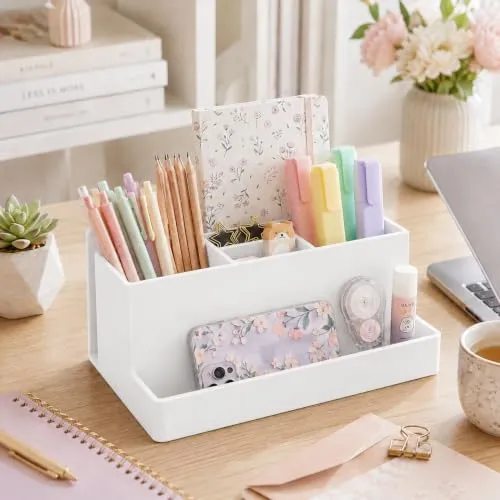 Acrimet Büro Organizer mit 6 Fächern, Schreibtisch Organizer für Stifte, Bürobedarf, Schreibwaren und Zubehör, Kunststoff, Weiß