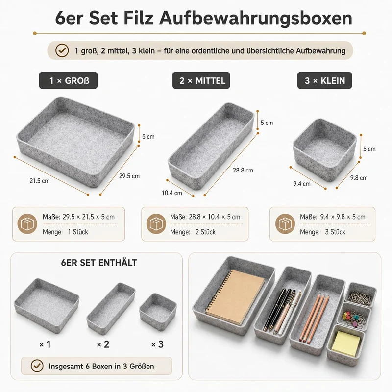 6er-Set Filz Schubladen Organizer für Schreibtisch leise kratzfrei