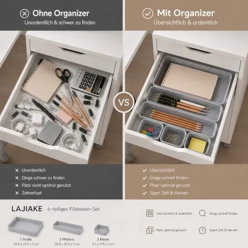6er-Set Filz Schubladen Organizer für Schreibtisch leise kratzfrei