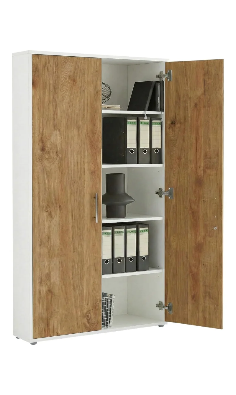 Aktenschrank TABOR 4 – Büroschrank abschließbar, Mehrzweckschrank für Büro, Ordnerschrank mit viel Stauraum, Korpus weiß Front Gold Harbor Oak