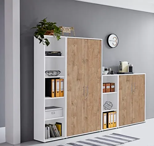 Aktenschrank TABOR 4 – Büroschrank abschließbar, Mehrzweckschrank für Büro, Ordnerschrank mit viel Stauraum, Korpus weiß Front Gold Harbor Oak