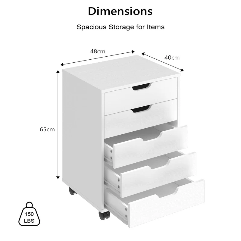 Rollcontainer mit 5 Schubladen, mobiler Aktenschrank mit Rollen, Schubladenschrank Büroschrank Bürocontainer, Schreibtisch Unterschrank, 48 x 40 x 65 cm (Weiß)