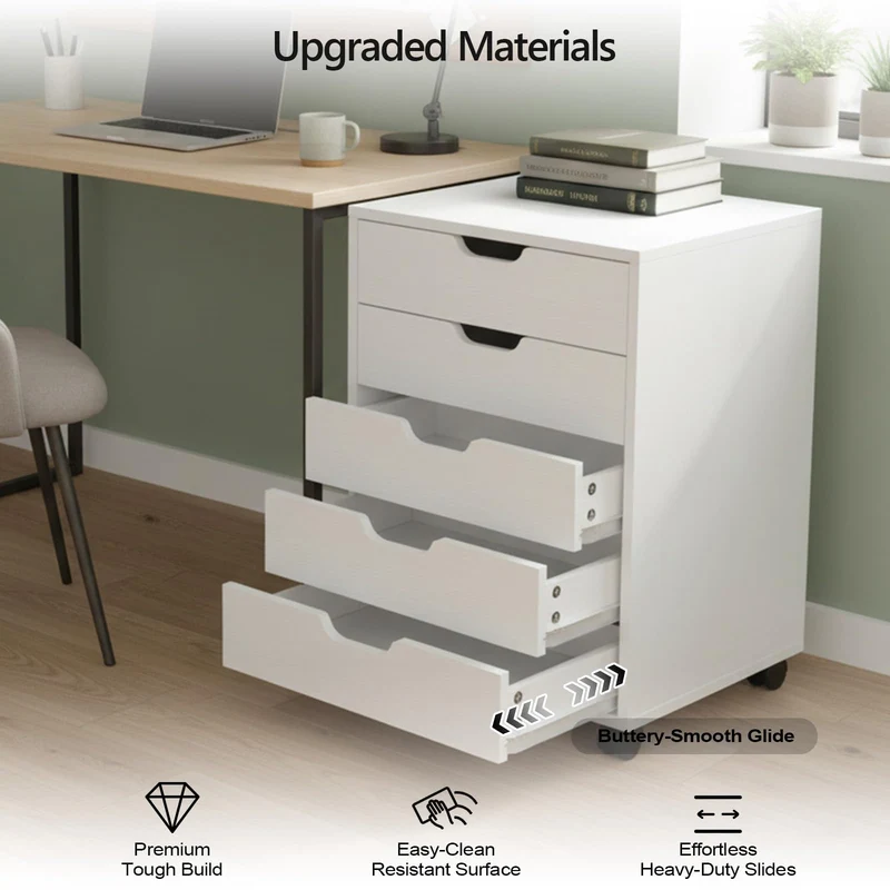 Rollcontainer mit 5 Schubladen, mobiler Aktenschrank mit Rollen, Schubladenschrank Büroschrank Bürocontainer, Schreibtisch Unterschrank, 48 x 40 x 65 cm (Weiß)