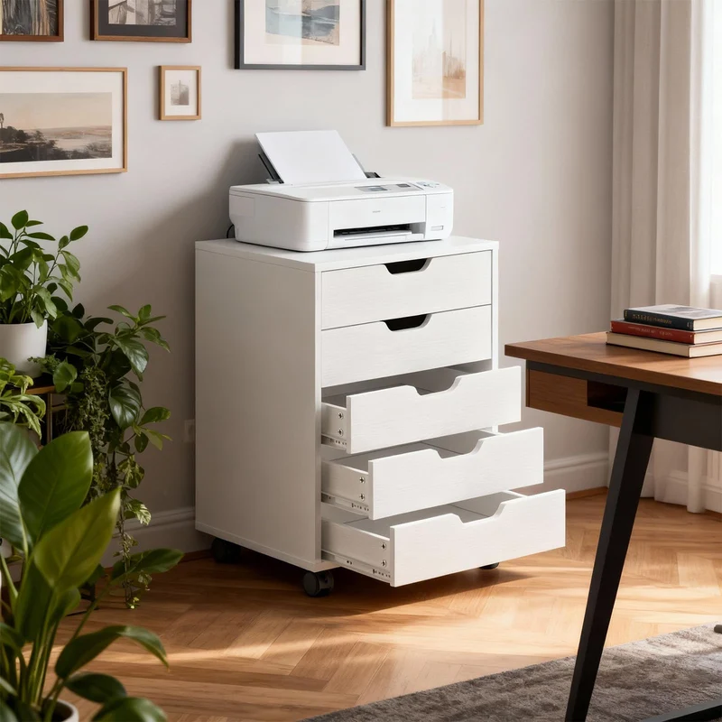 Rollcontainer mit 5 Schubladen, mobiler Aktenschrank mit Rollen, Schubladenschrank Büroschrank Bürocontainer, Schreibtisch Unterschrank, 48 x 40 x 65 cm (Weiß)
