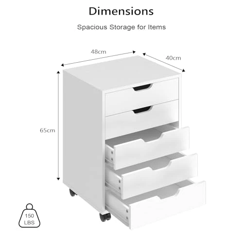 Rollcontainer mit 5 Schubladen, mobiler Aktenschrank mit Rollen, Schubladenschrank Büroschrank Bürocontainer, Schreibtisch Unterschrank, 48 x 40 x 65 cm (Weiß)