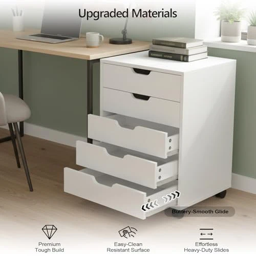 Rollcontainer mit 5 Schubladen, mobiler Aktenschrank mit Rollen, Schubladenschrank Büroschrank Bürocontainer, Schreibtisch Unterschrank, 48 x 40 x 65 cm (Weiß)