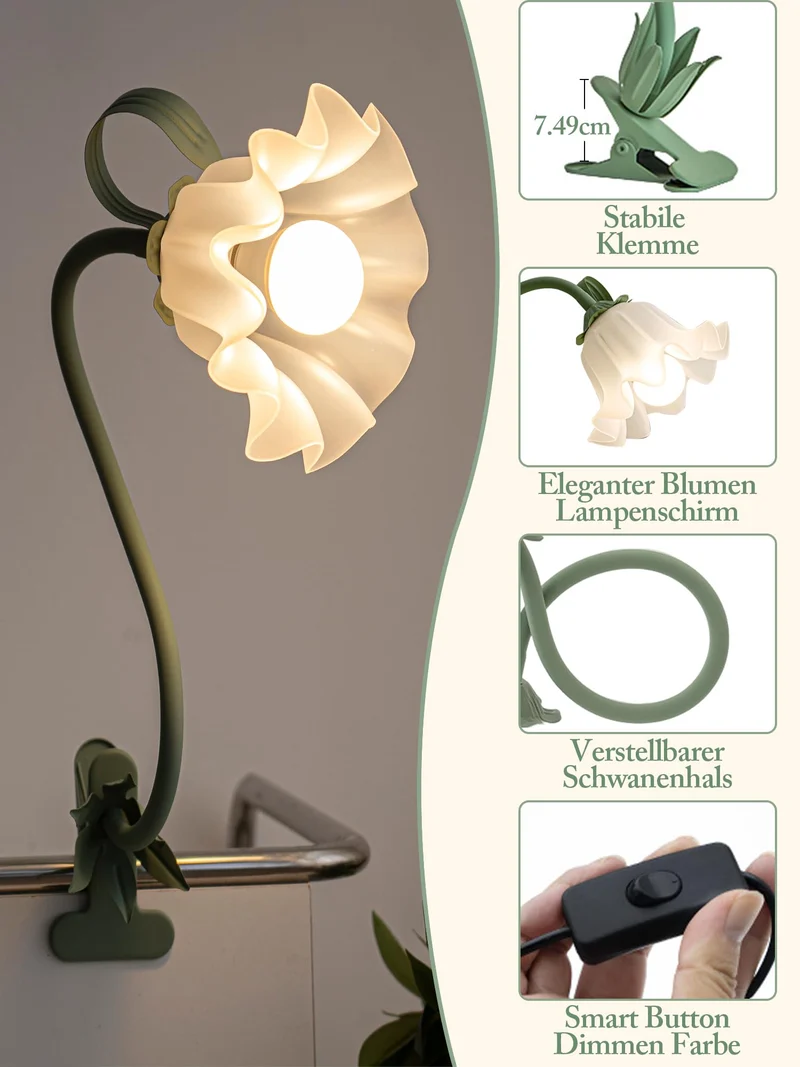 WLHONG Blumen Klemmlampe LED Leselampe mit Clip Grün